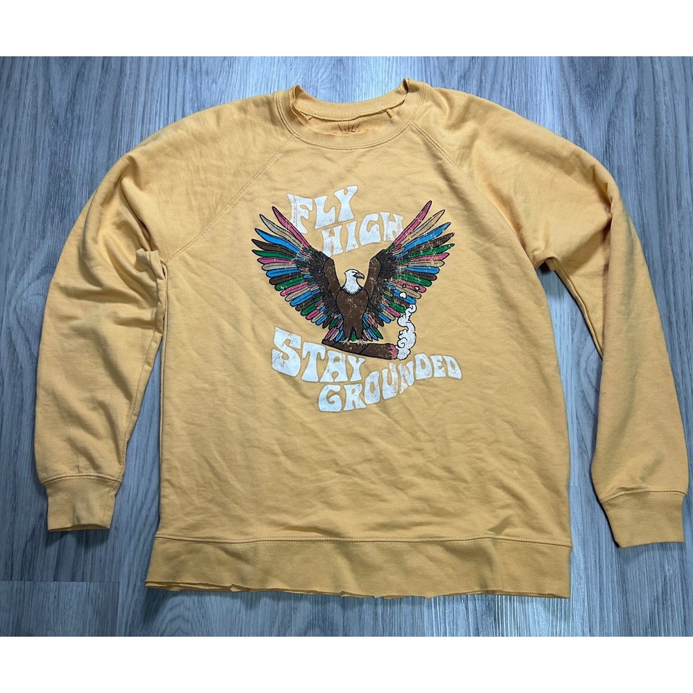 Mamie‎ Ruth Fly High Stay Grounded Eagle MJ boho hippie Sweatshirt Yellow Small